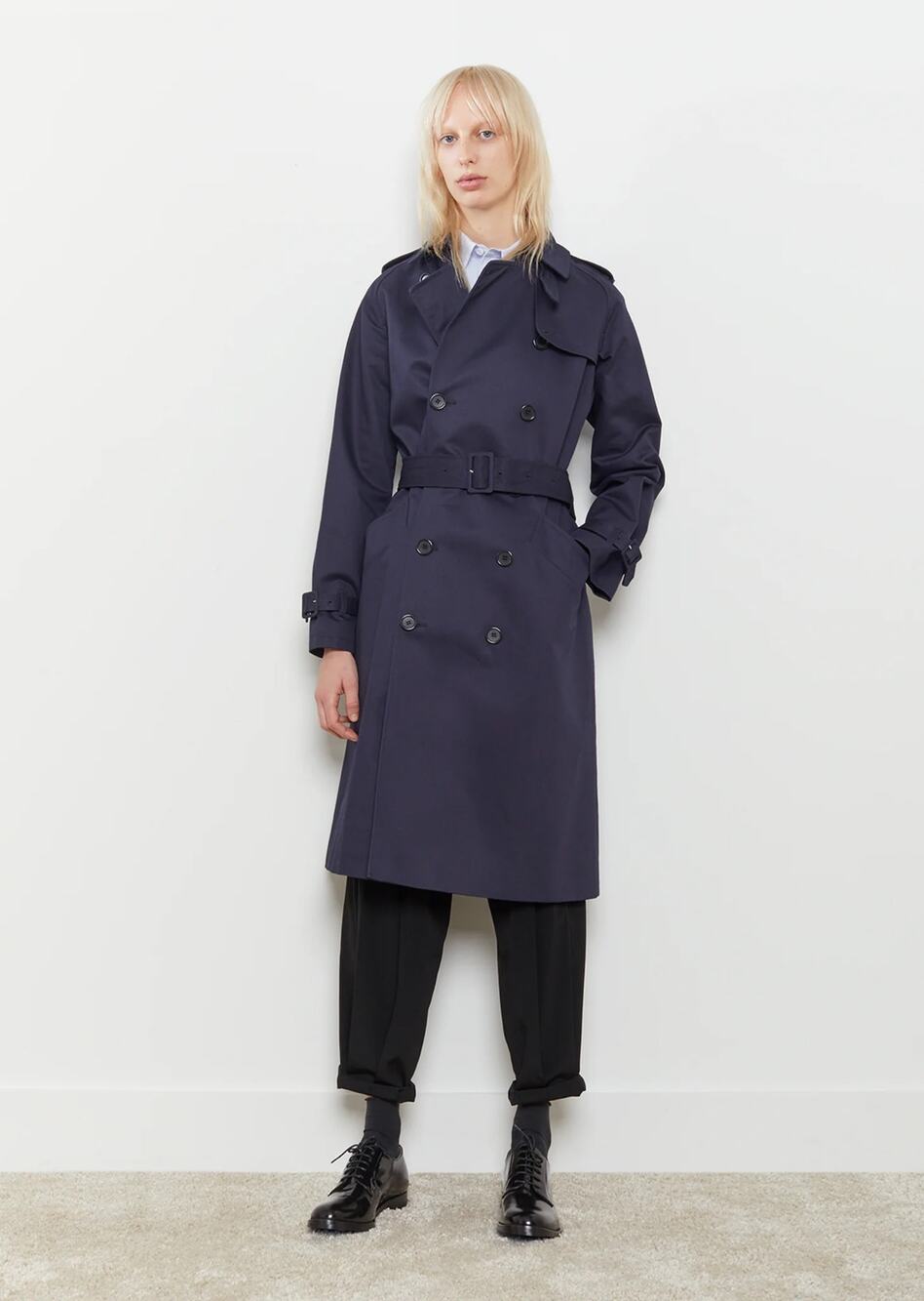 A.P.C. Greta Navy Blue Double Breasted Belted Mid Length Trench Coat Size Medium